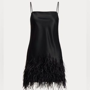 Polo Ralph Lauren Feather-Trim Satin Cocktail Dress Black NWT